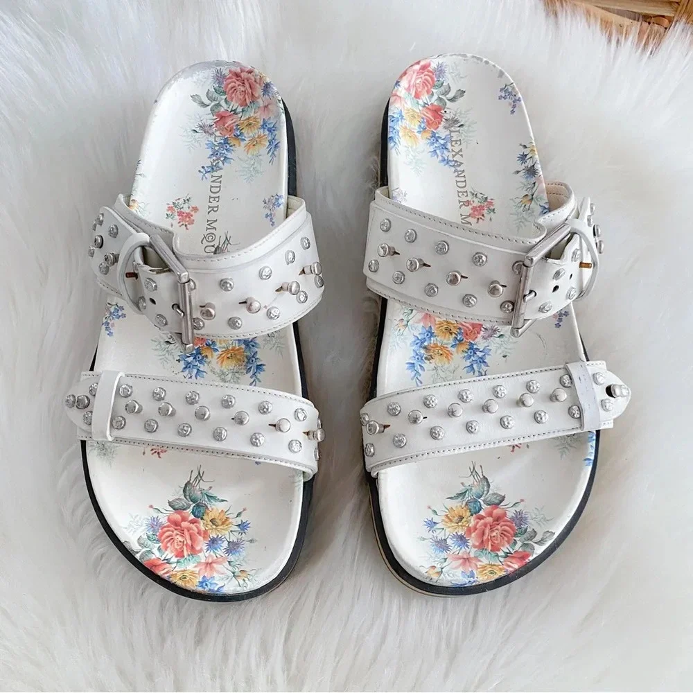 Alexander McQueen Platform Sandals Slides Studded Cream Leather Flower Print